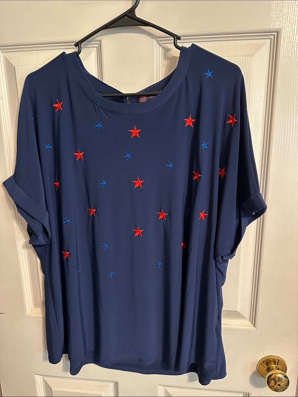 Navy Short-Sleeve Tee with Red & Blue Star Embroidery - Unbranded